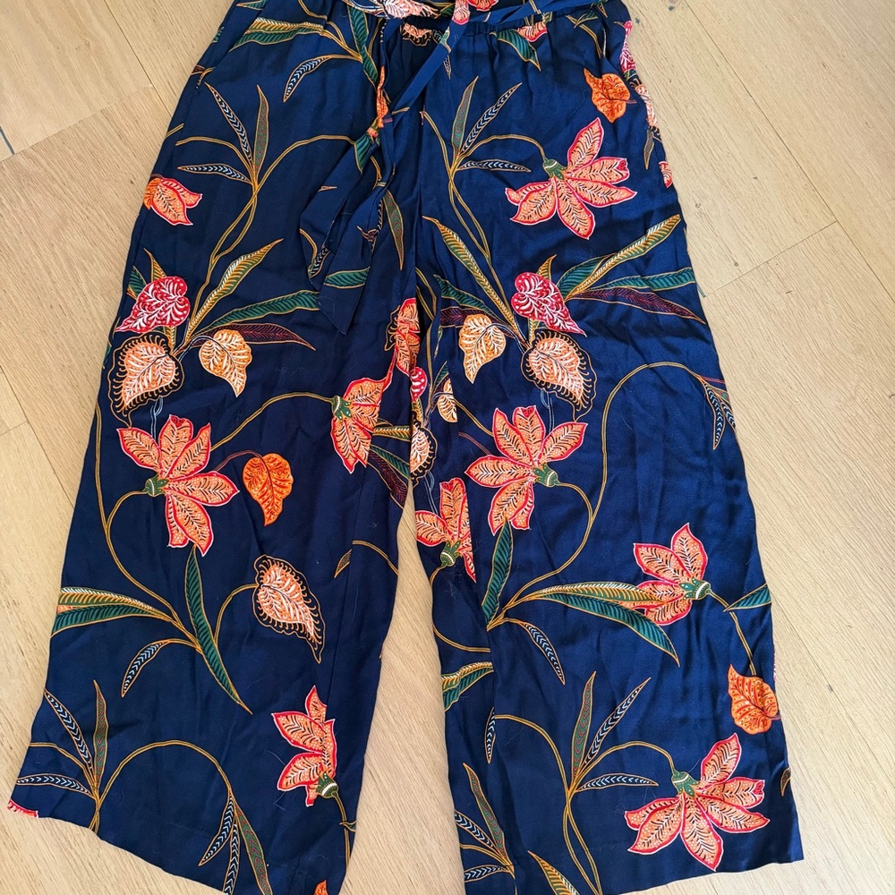 LOFT Navy Floral Wide-Leg Crop Pants with Orange & Green